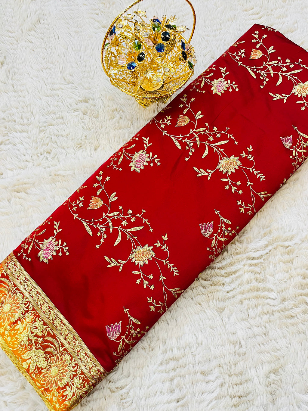 Crimson Meadow – Red Banarasi Mashru Katan Silk Saree