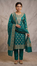 Banarasi Mashru Katan Silk Suit Set | Silver Paisley Booti