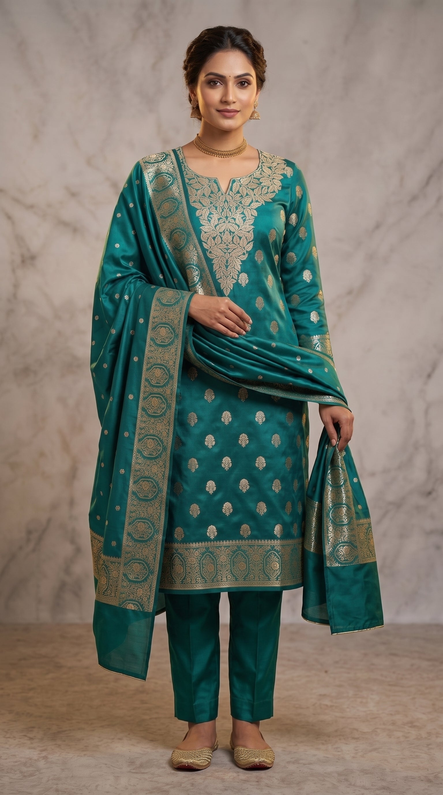 Banarasi Mashru Katan Silk Suit Set | Silver Paisley Booti