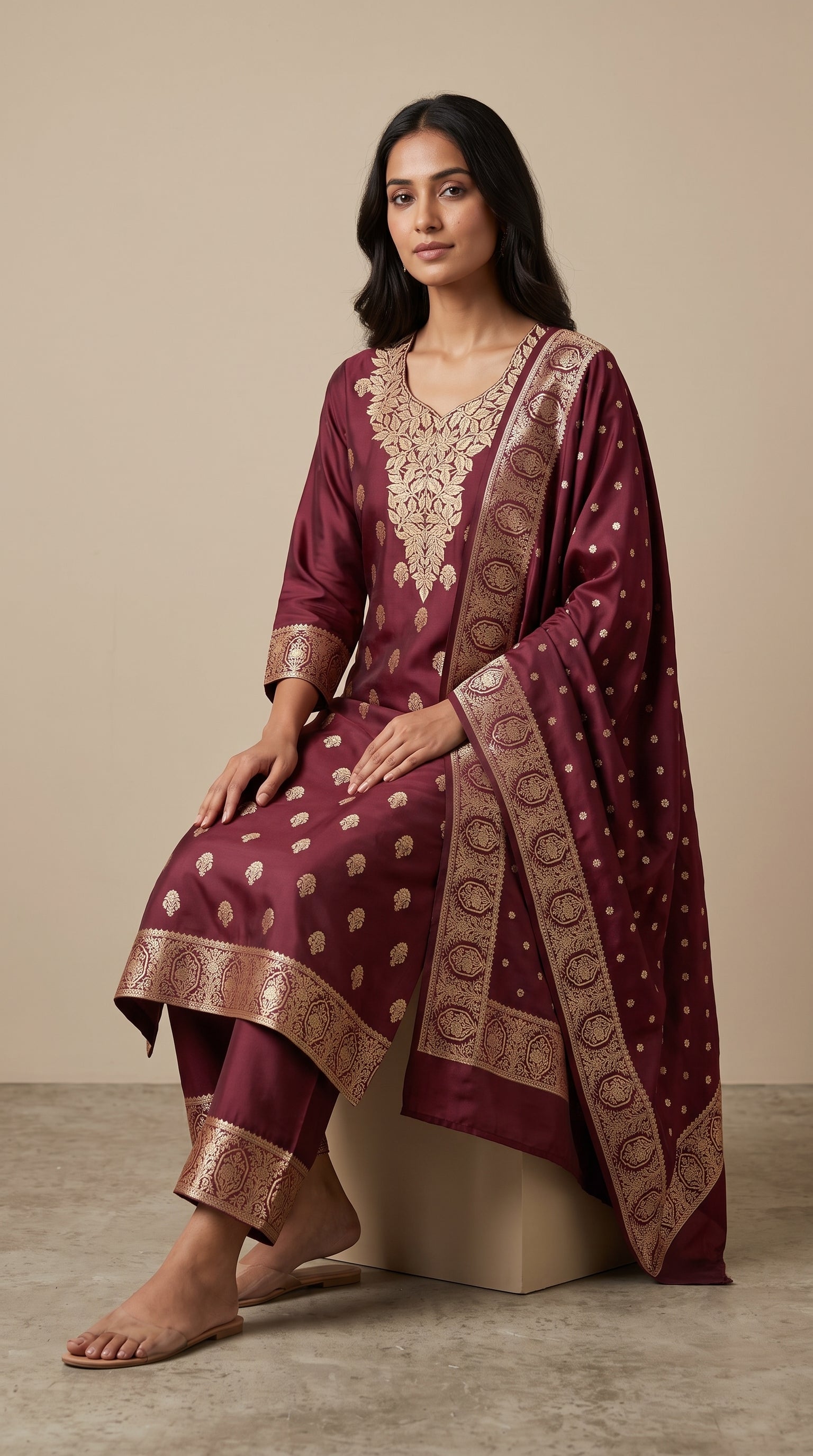 Banarasi Mashru Katan Silk Suit Set | Silver Paisley Booti