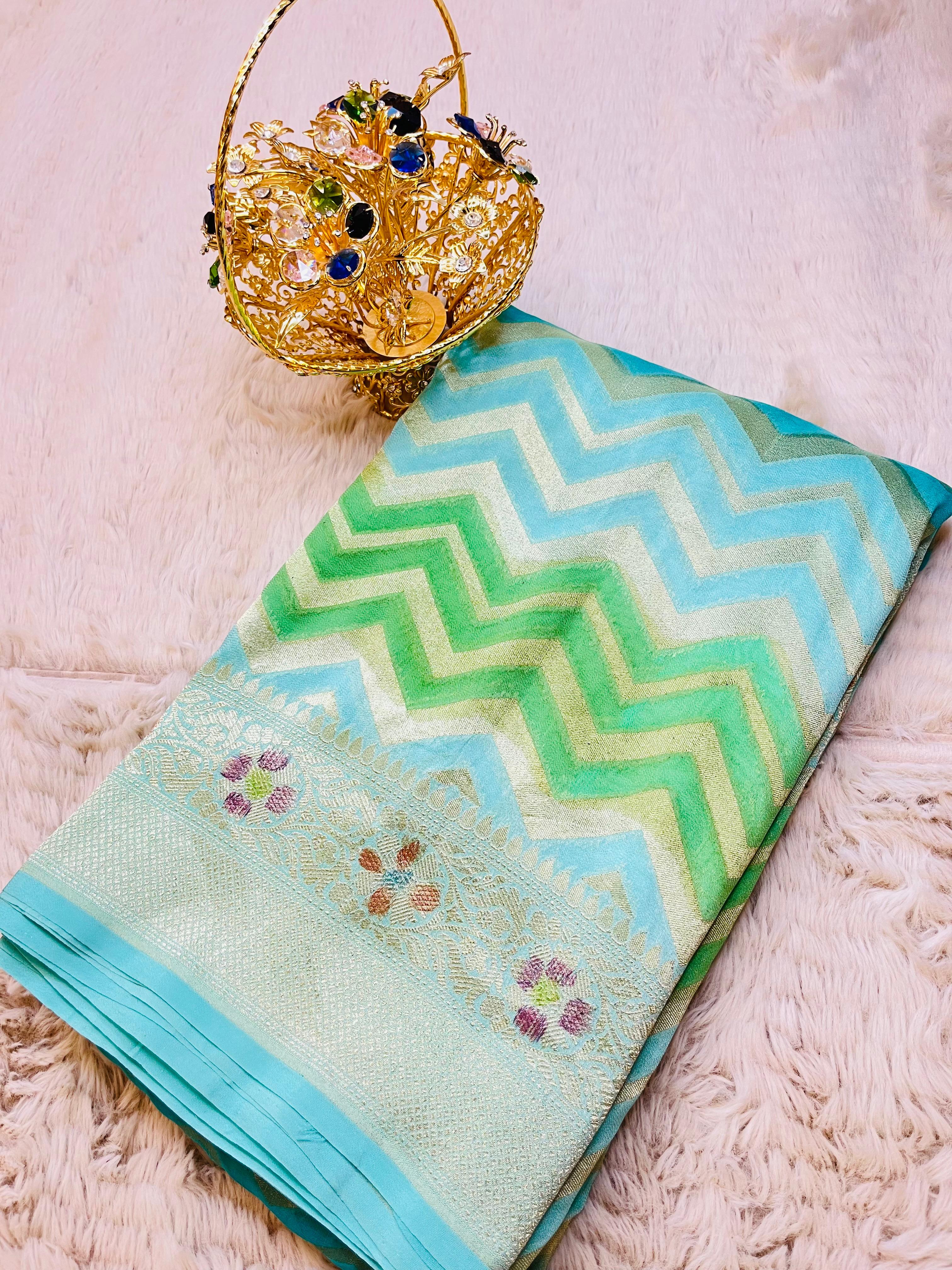 Pure Banarasi Luxury Crepe Silk Saree with Hand Brush Paint, Chevron Zari Weave & Meenakari Booti
