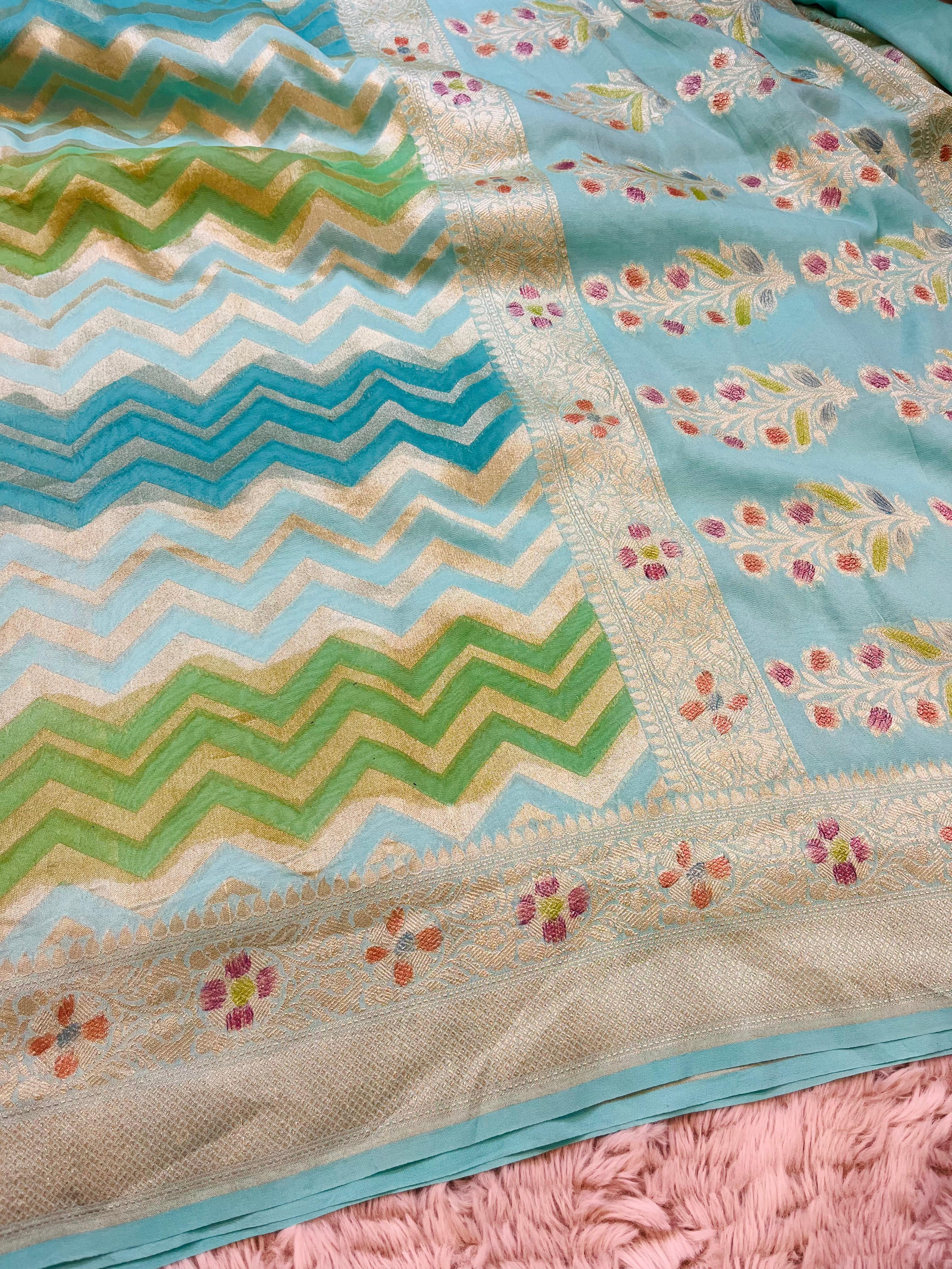 Pure Banarasi Luxury Crepe Silk Saree with Hand Brush Paint, Chevron Zari Weave & Meenakari Booti