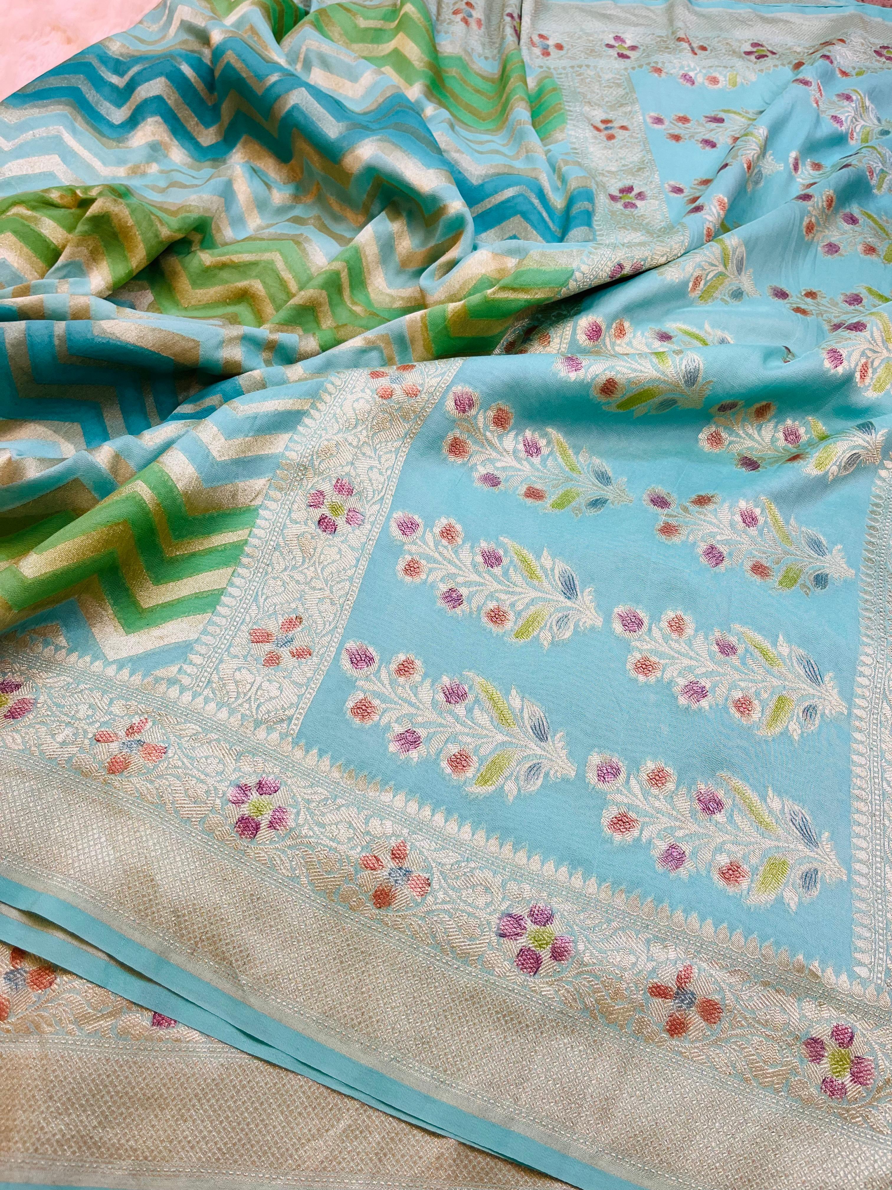 Pure Banarasi Luxury Crepe Silk Saree with Hand Brush Paint, Chevron Zari Weave & Meenakari Booti