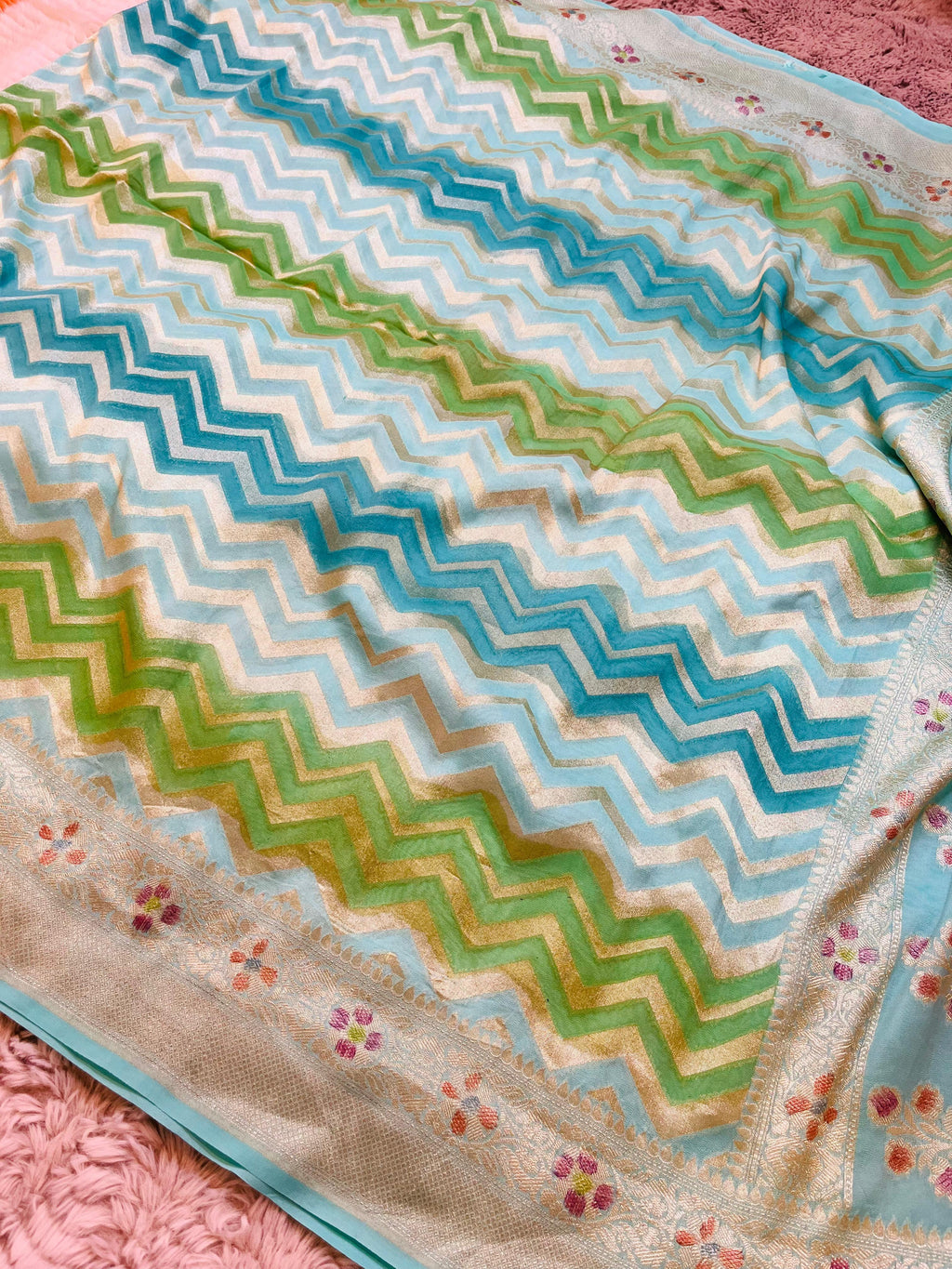Pure Banarasi Luxury Crepe Silk Saree with Hand Brush Paint, Chevron Zari Weave & Meenakari Booti