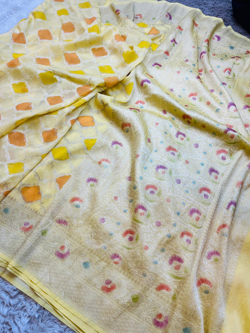 Yellow Hand Brush Painted Banarasi Crepe Silk Saree