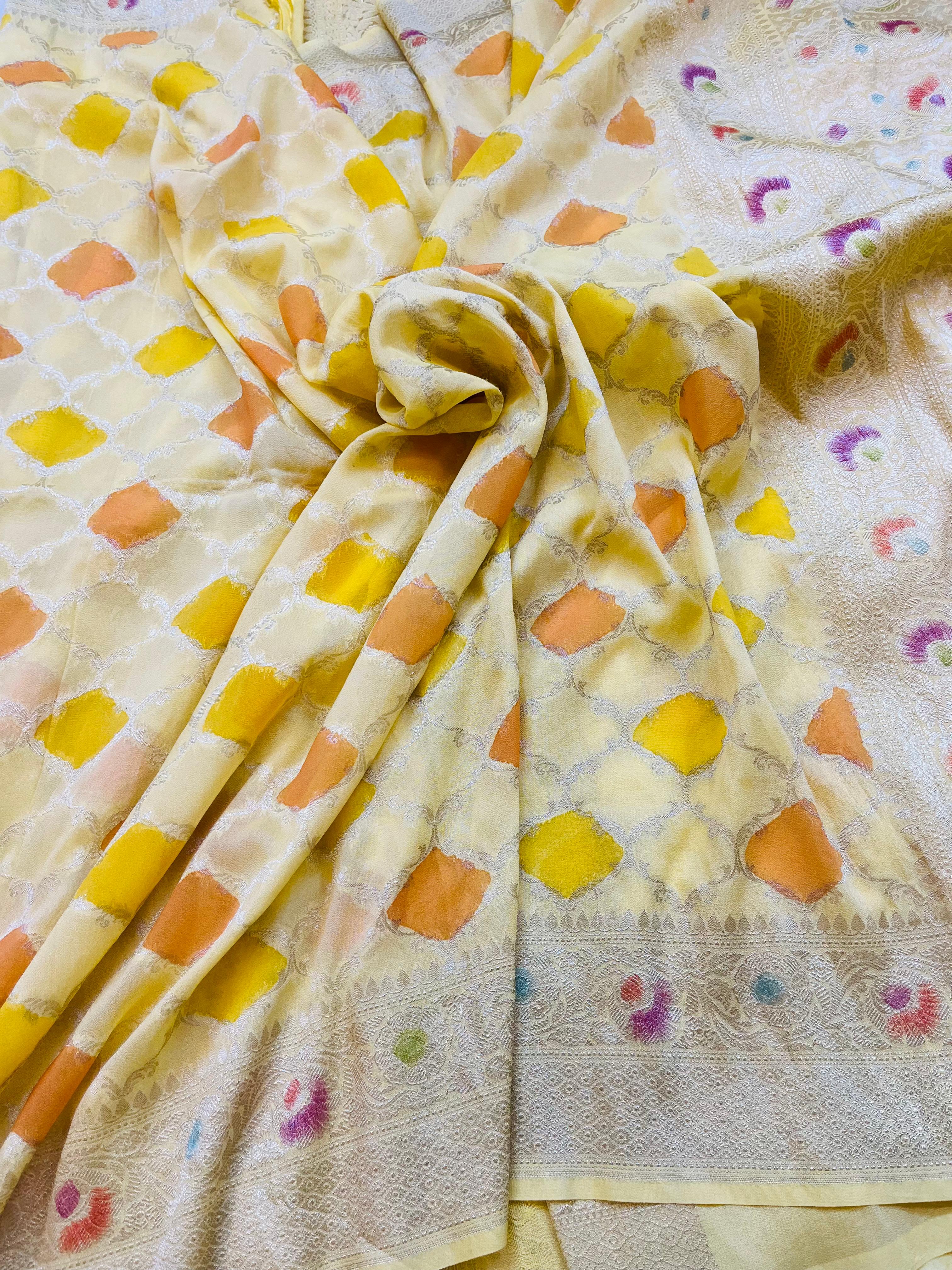 Yellow Hand Brush Painted Banarasi Crepe Silk Saree