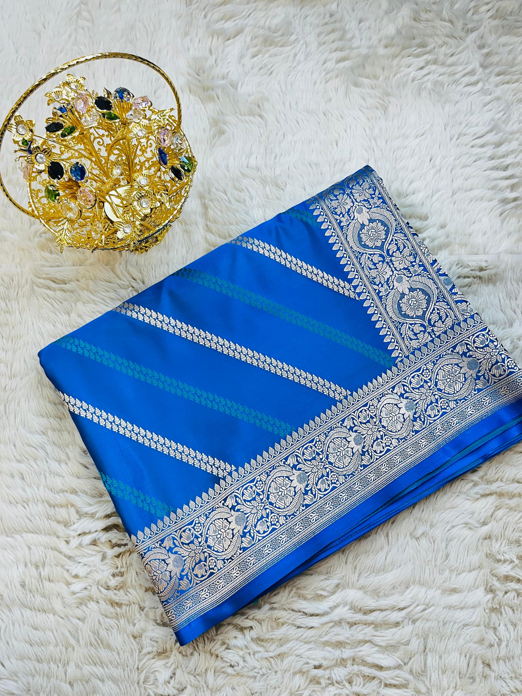 Pure Banarasi Mashru Katan Silk Saree with Diagonal Zari Stripes & Floral Border
