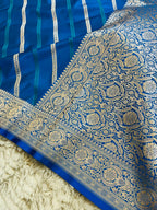 Pure Banarasi Mashru Katan Silk Saree with Diagonal Zari Stripes & Floral Border