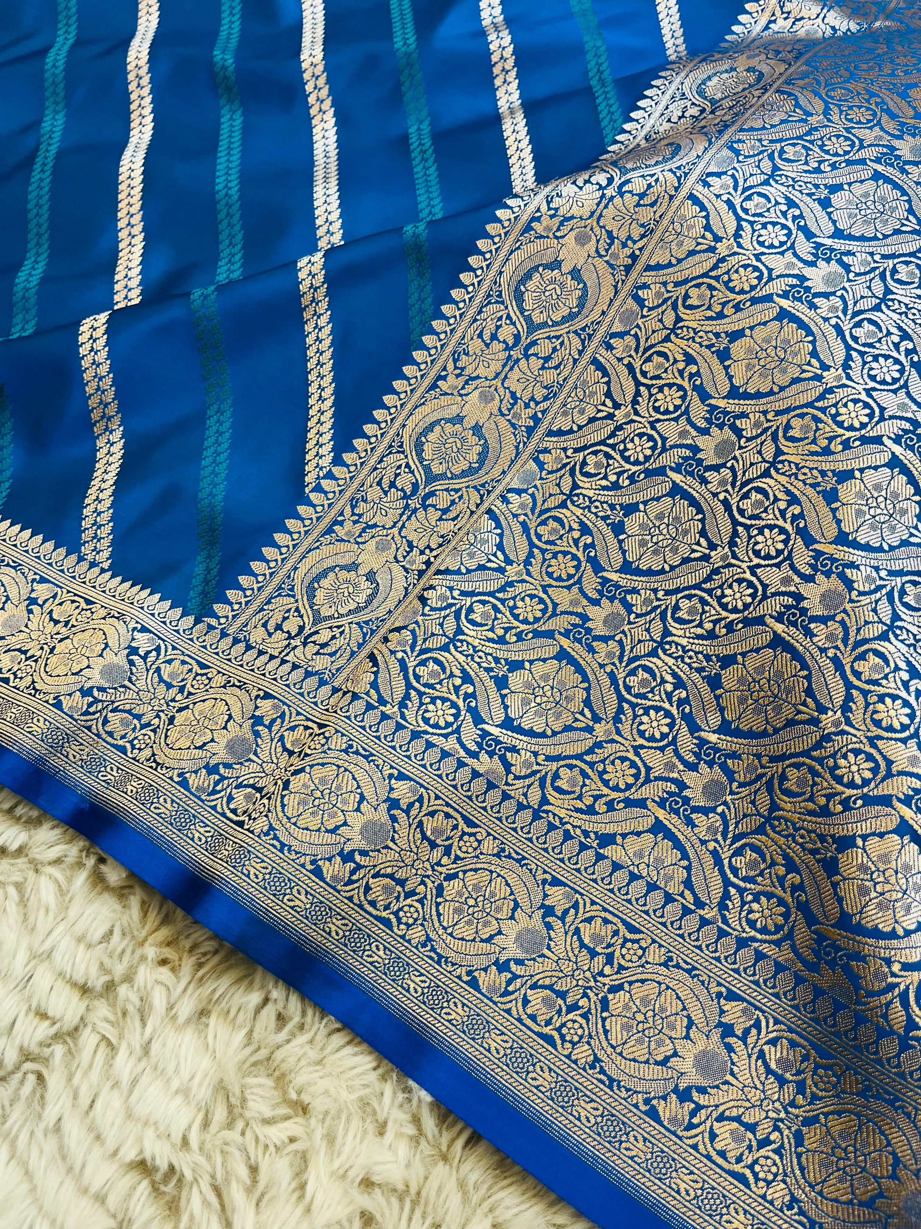 Pure Banarasi Mashru Katan Silk Saree with Diagonal Zari Stripes & Floral Border