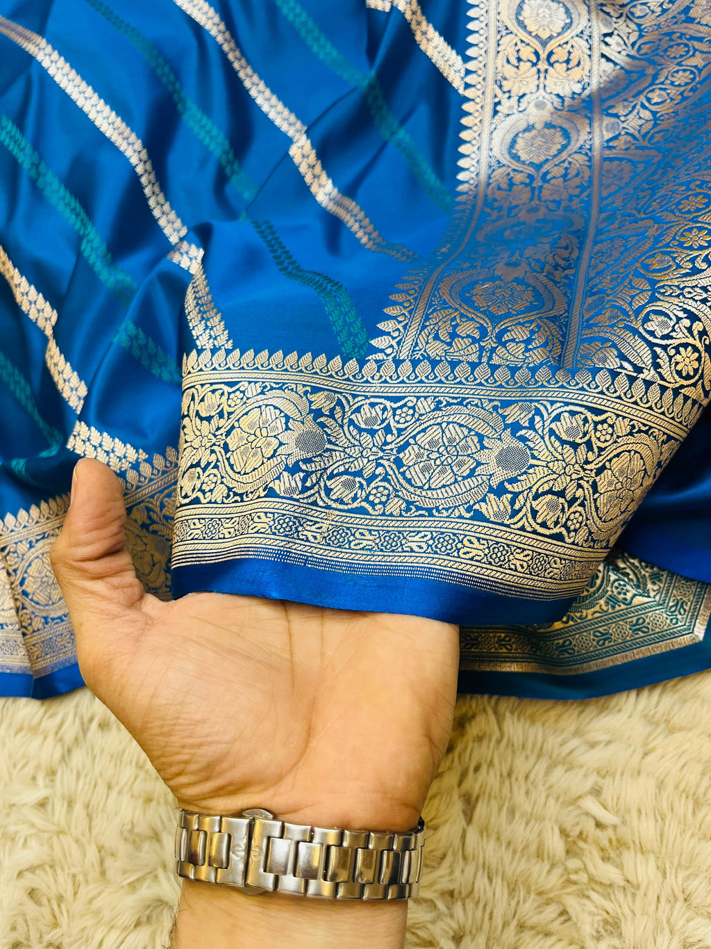 Pure Banarasi Mashru Katan Silk Saree with Diagonal Zari Stripes & Floral Border