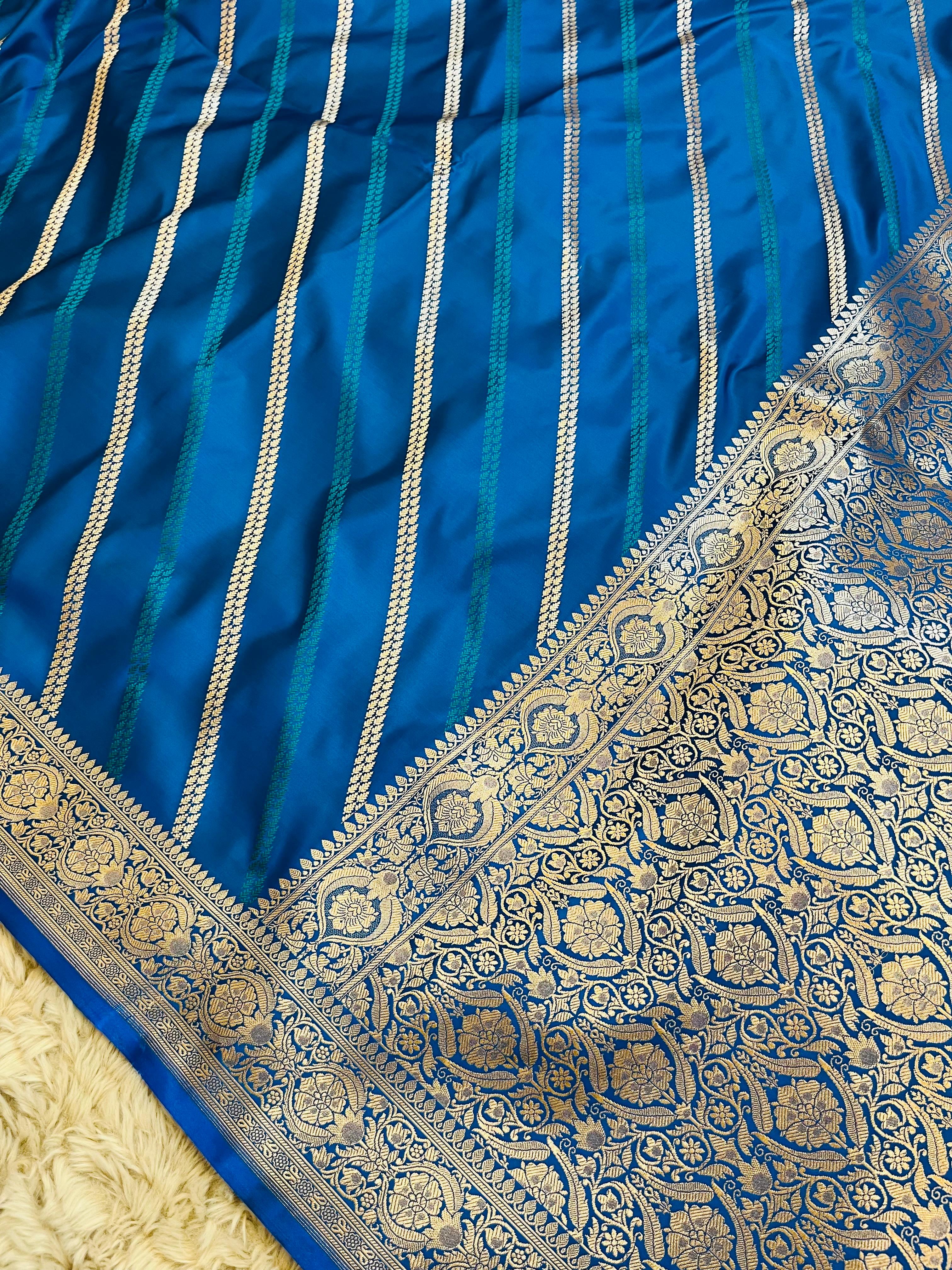 Pure Banarasi Mashru Katan Silk Saree with Diagonal Zari Stripes & Floral Border