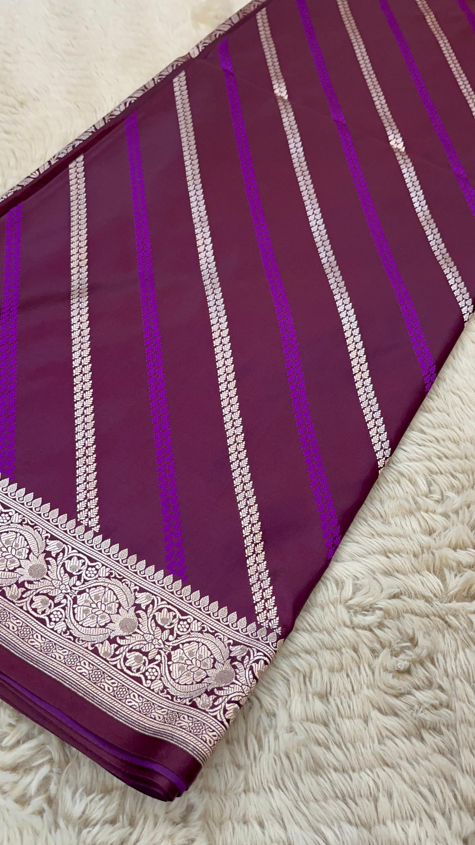 Pure Banarasi Mashru Katan Silk Saree with Diagonal Zari Stripes & Floral Border