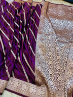 Pure Banarasi Mashru Katan Silk Saree with Diagonal Zari Stripes & Floral Border