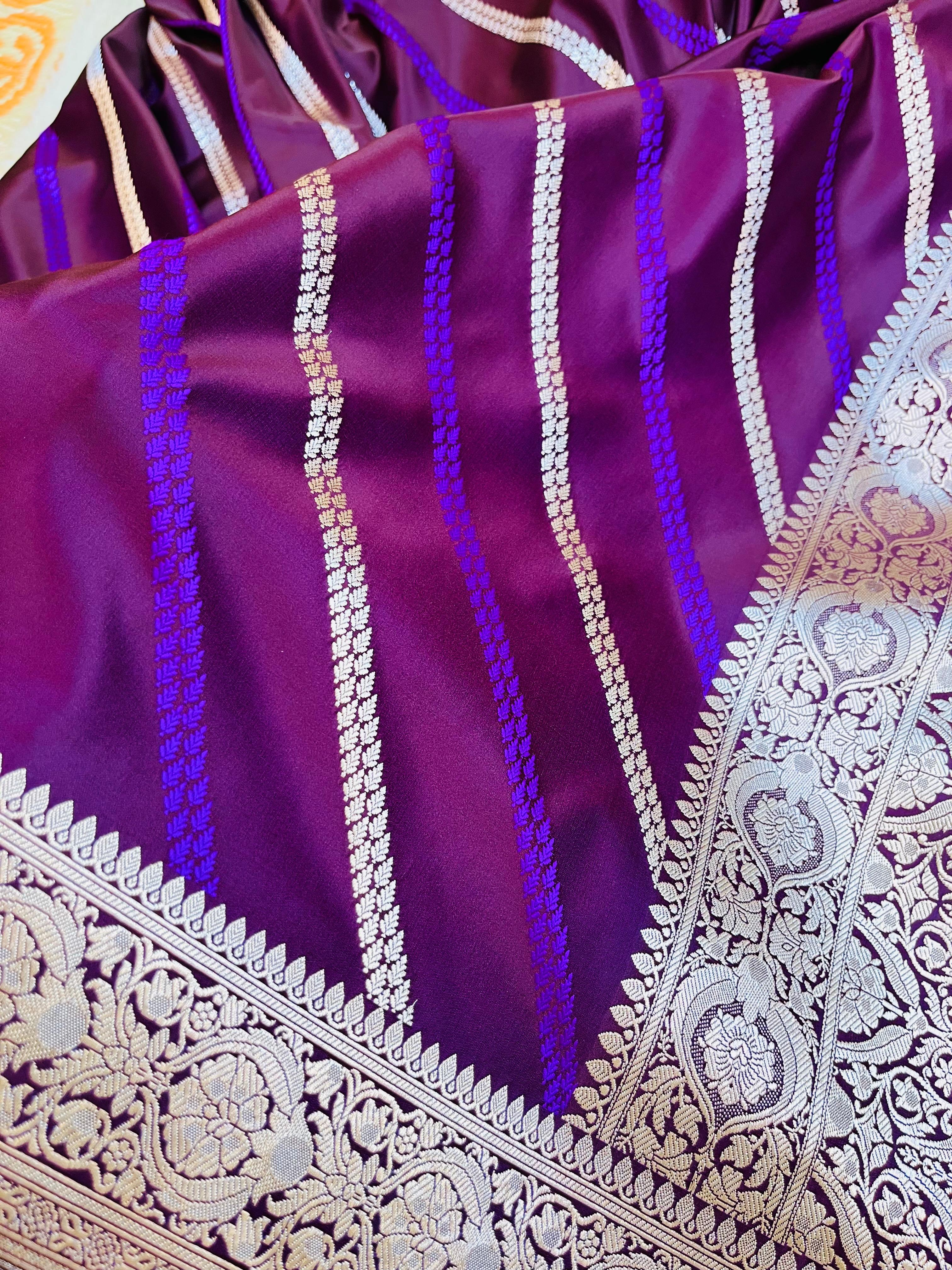 Pure Banarasi Mashru Katan Silk Saree with Diagonal Zari Stripes & Floral Border
