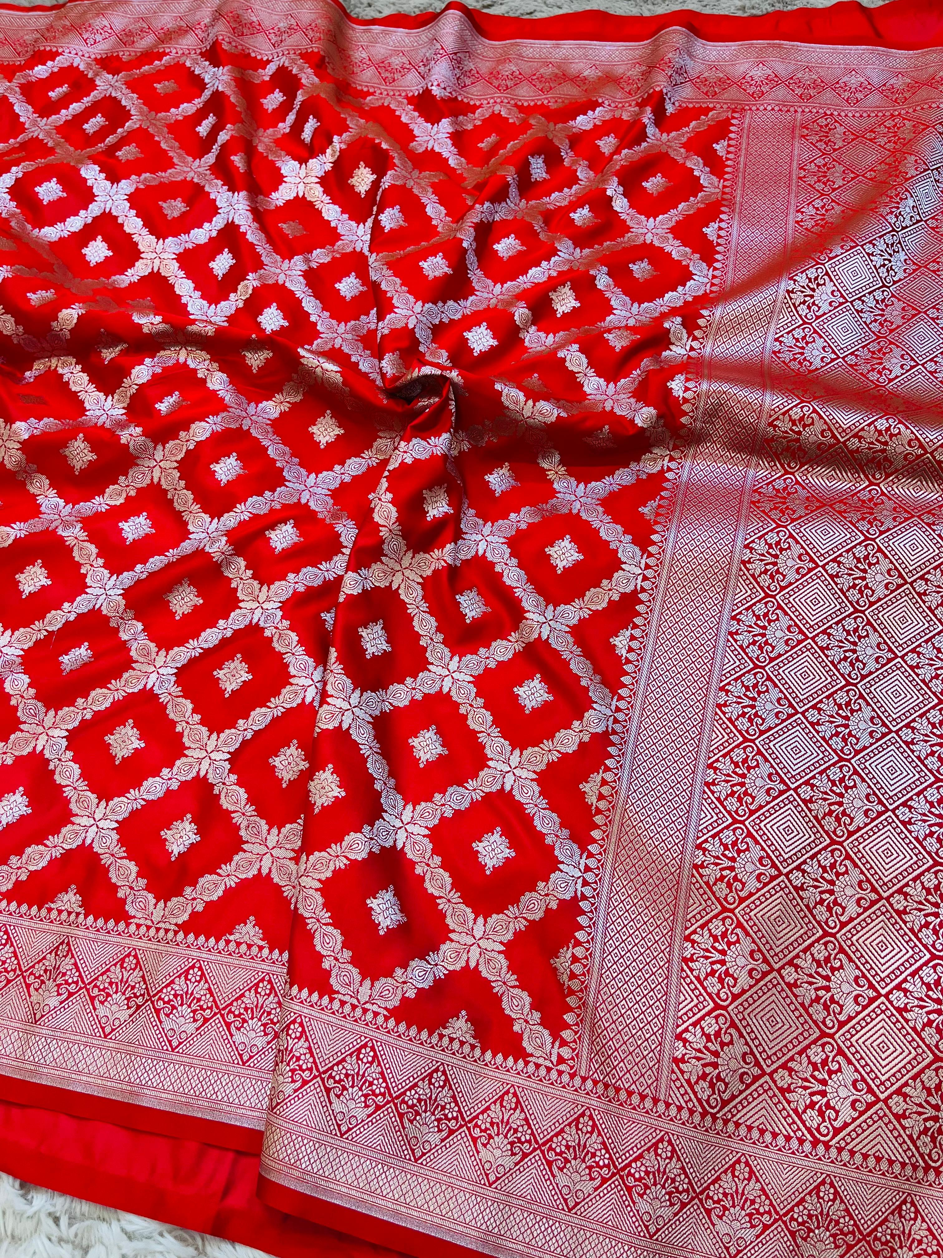 Scarlet Red Pure Banarasi Silk Saree with Silver Zari Jaal Weave & Chevron Border