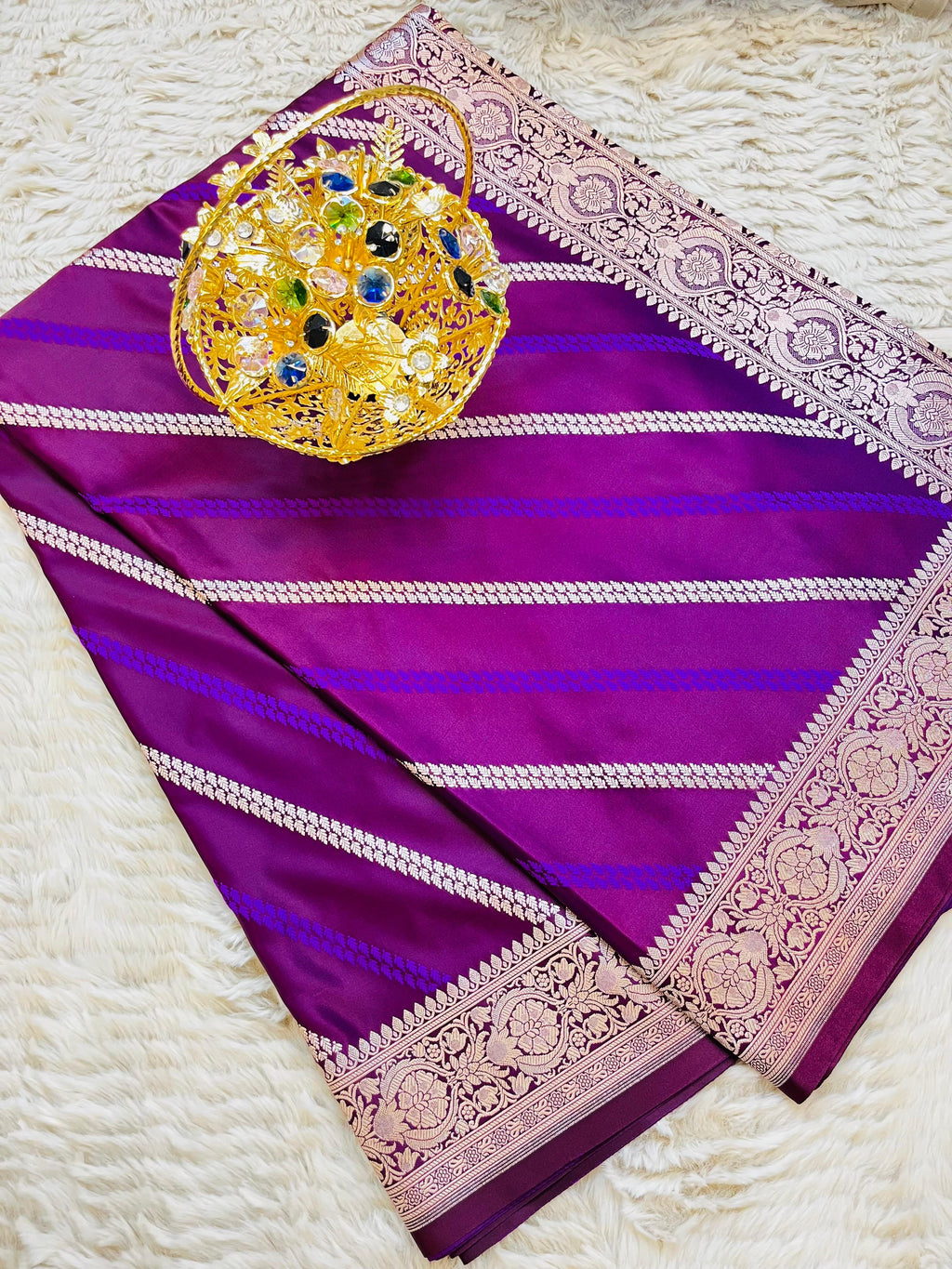 Pure Banarasi Mashru Katan Silk Saree with Diagonal Zari Stripes & Floral Border
