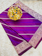Pure Banarasi Mashru Katan Silk Saree with Diagonal Zari Stripes & Floral Border