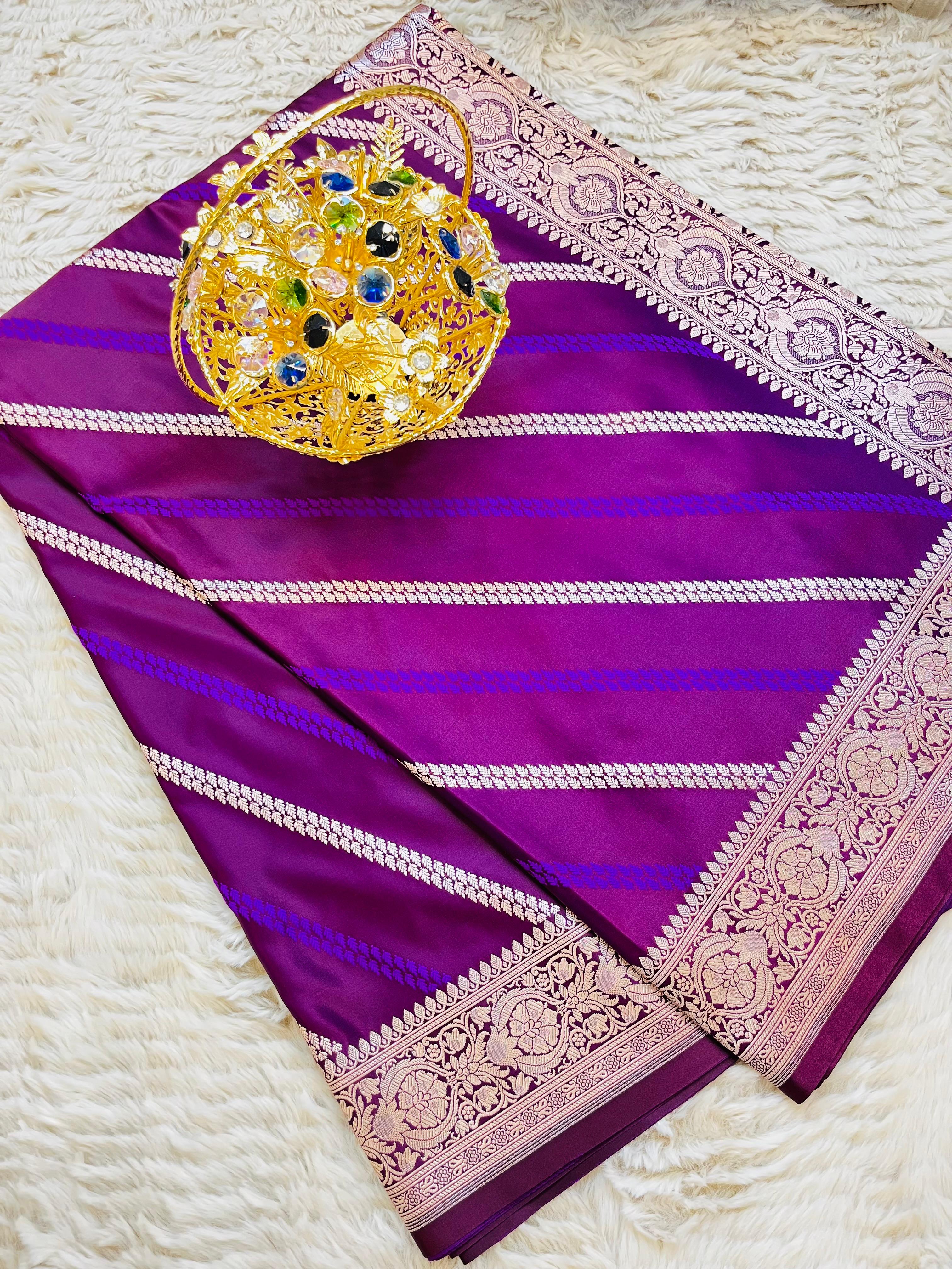 Pure Banarasi Mashru Katan Silk Saree with Diagonal Zari Stripes & Floral Border