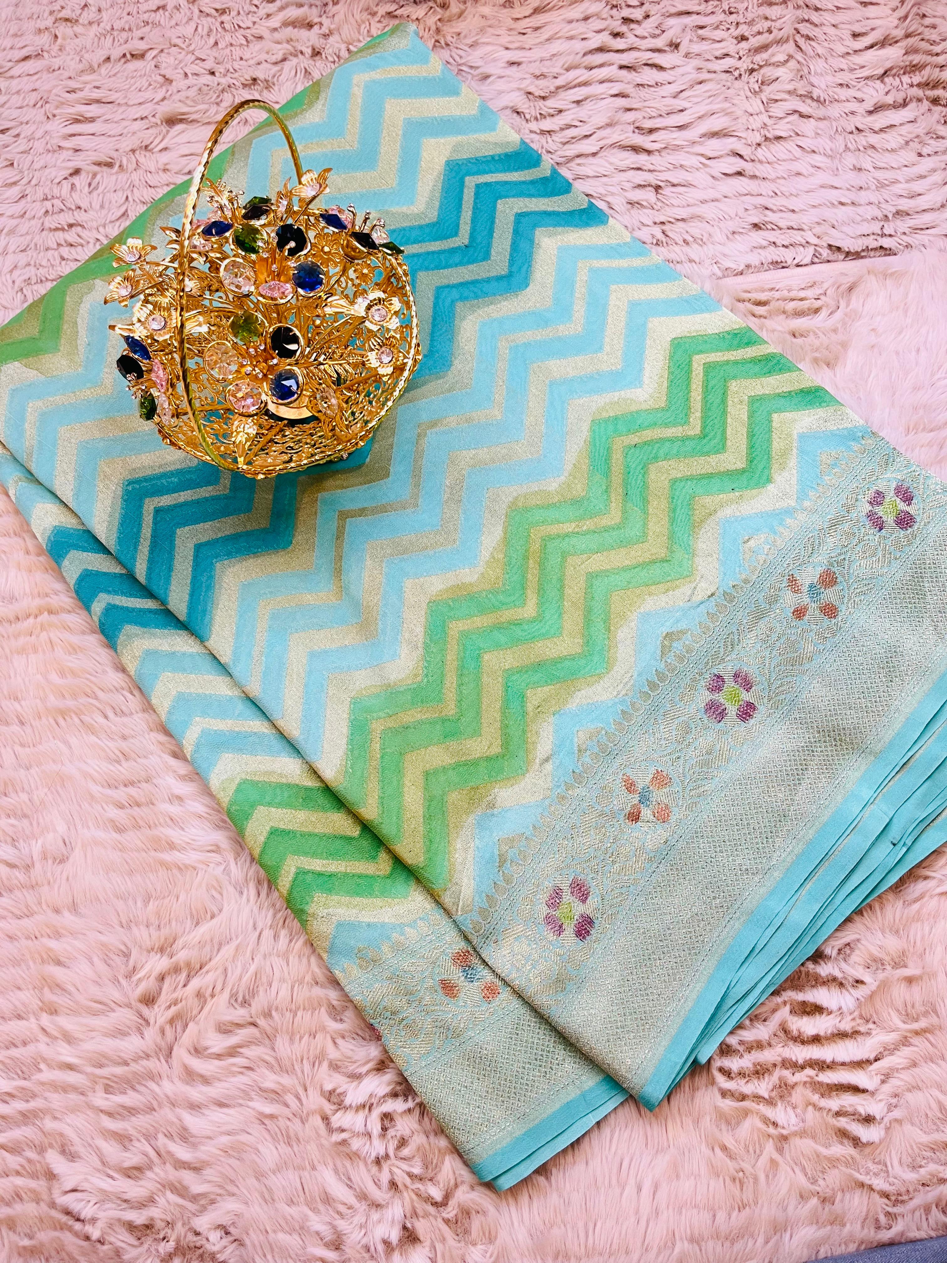 Pure Banarasi Luxury Crepe Silk Saree with Hand Brush Paint, Chevron Zari Weave & Meenakari Booti