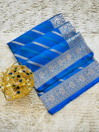Pure Banarasi Mashru Katan Silk Saree with Diagonal Zari Stripes & Floral Border