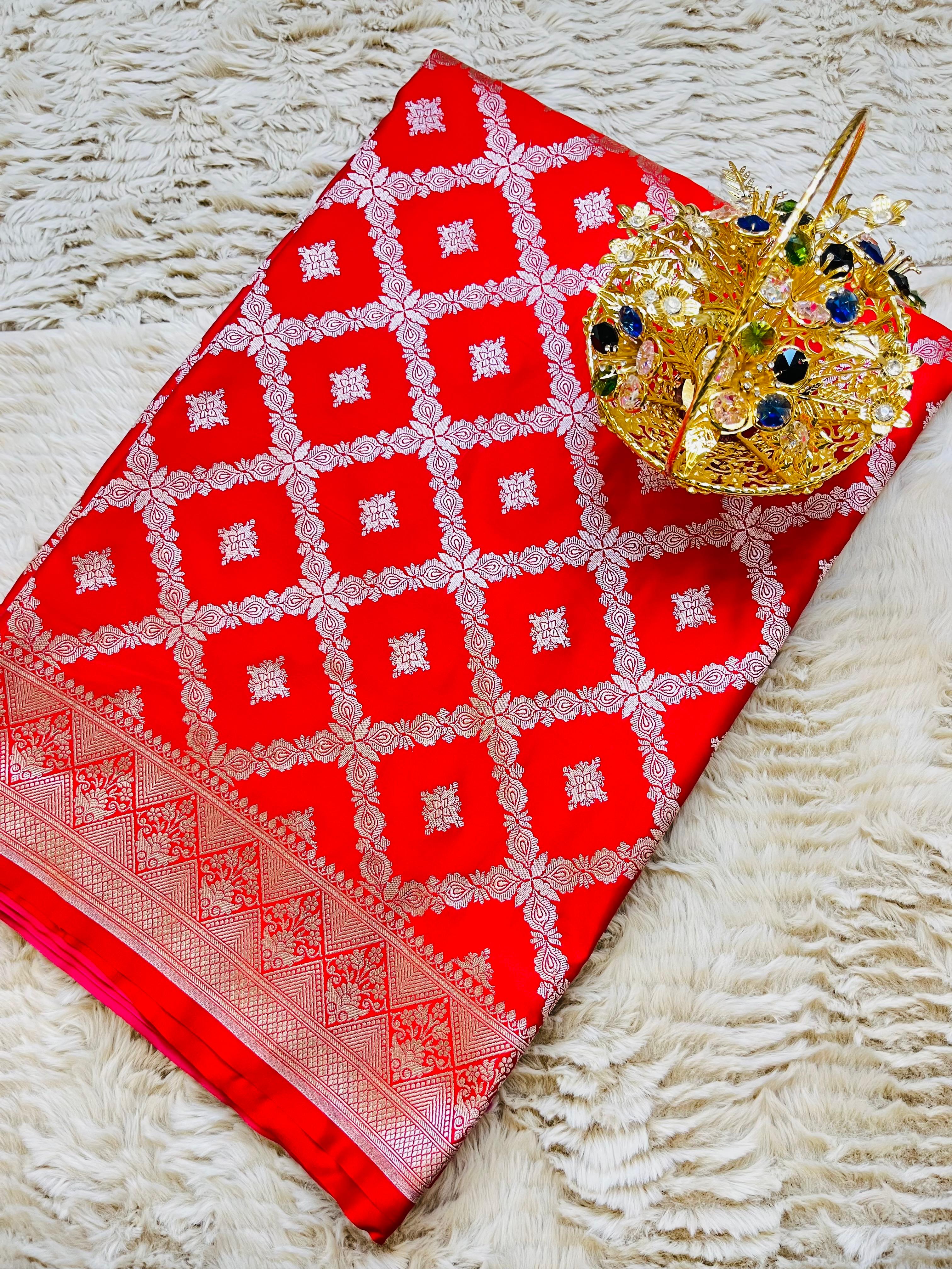 Scarlet Red Pure Banarasi Silk Saree with Silver Zari Jaal Weave & Chevron Border