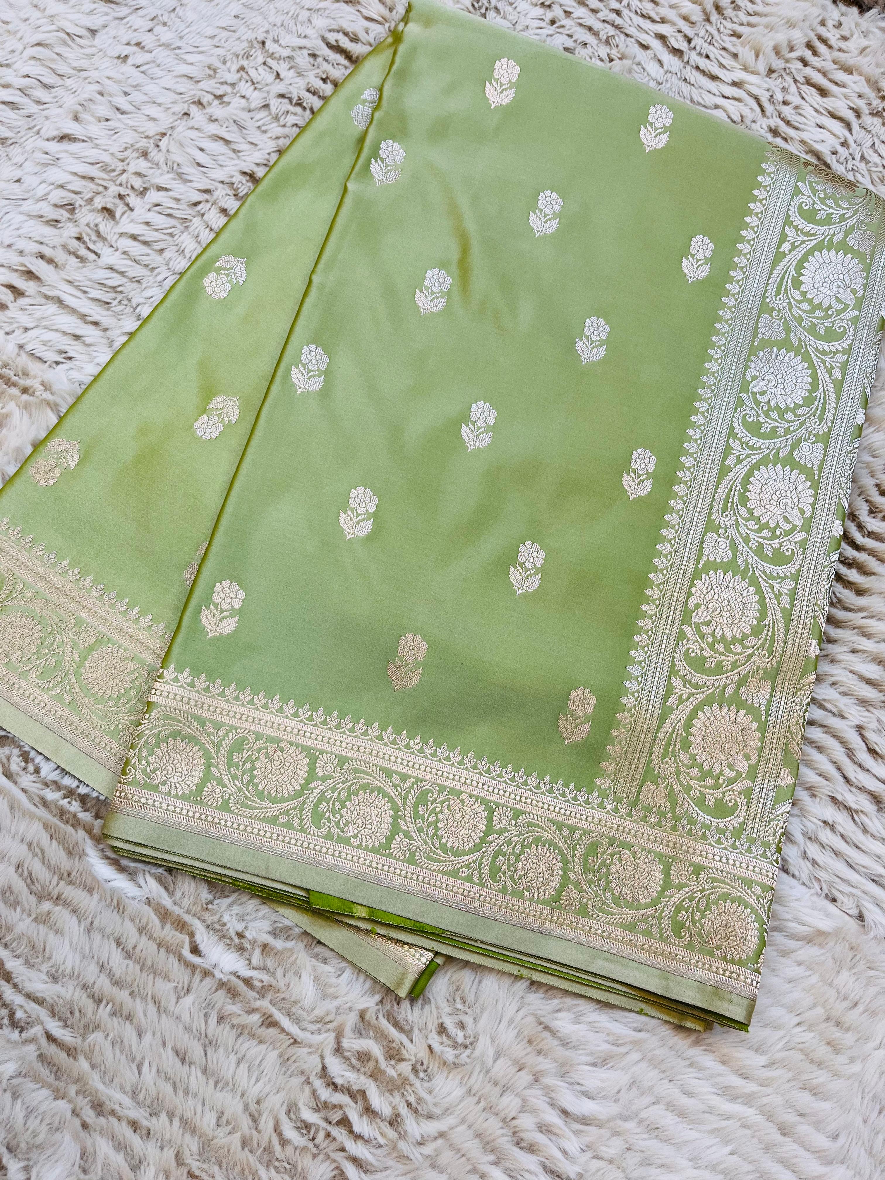 Pure Banarasi Luxury Mashru Katan Silk Saree with Silver Zari Weaving