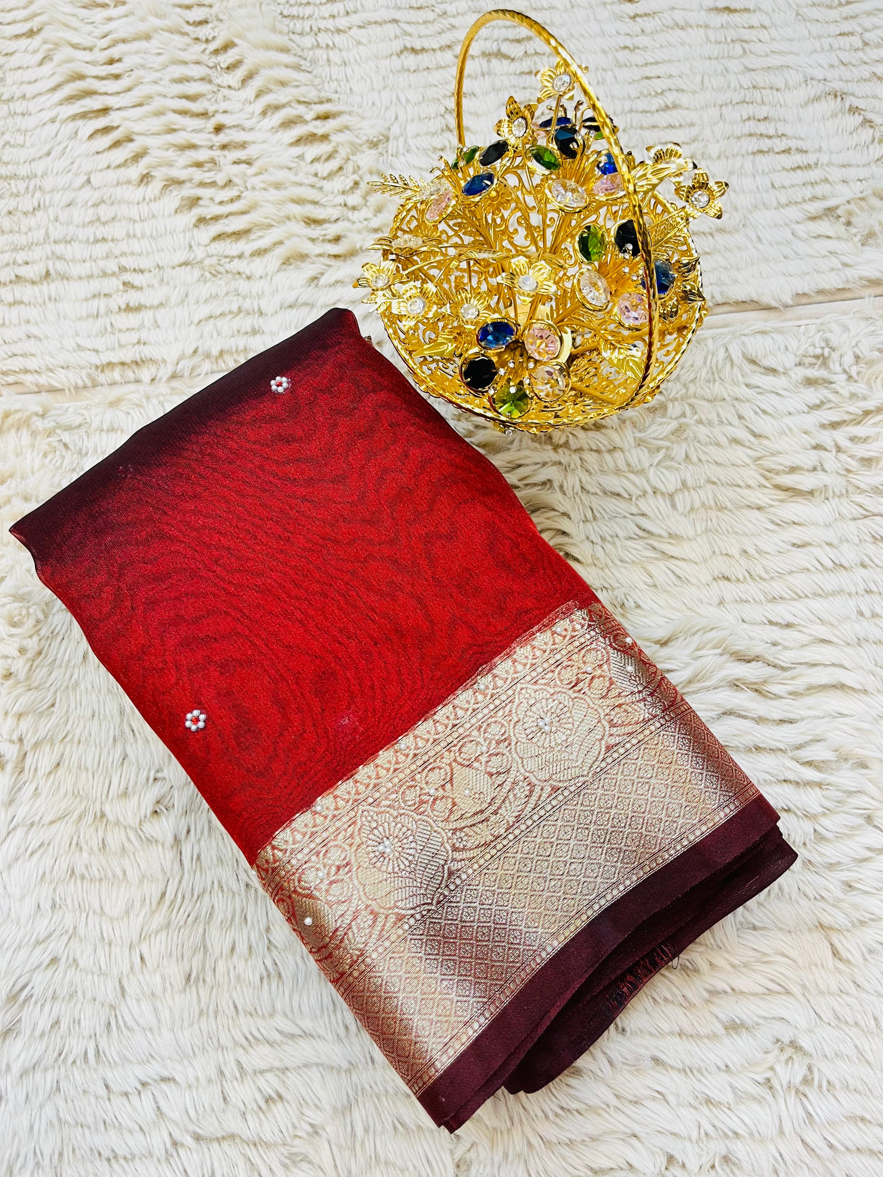 Banarasi Tissue Silk Saree with Hand Stone Work & Zari Border