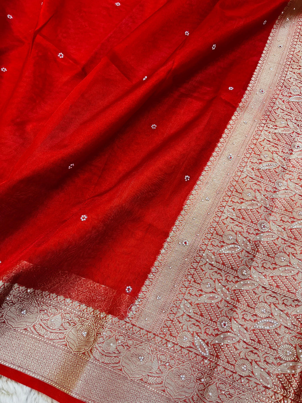 Banarasi Tissue Silk Saree with Hand Stone Work & Zari Border