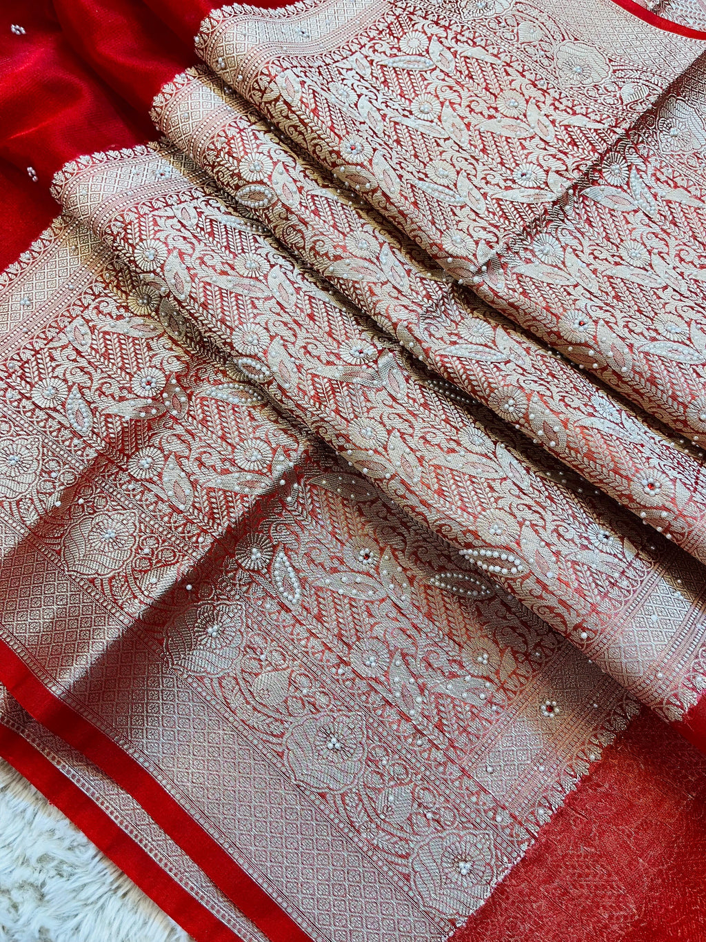 Banarasi Tissue Silk Saree with Hand Stone Work & Zari Border