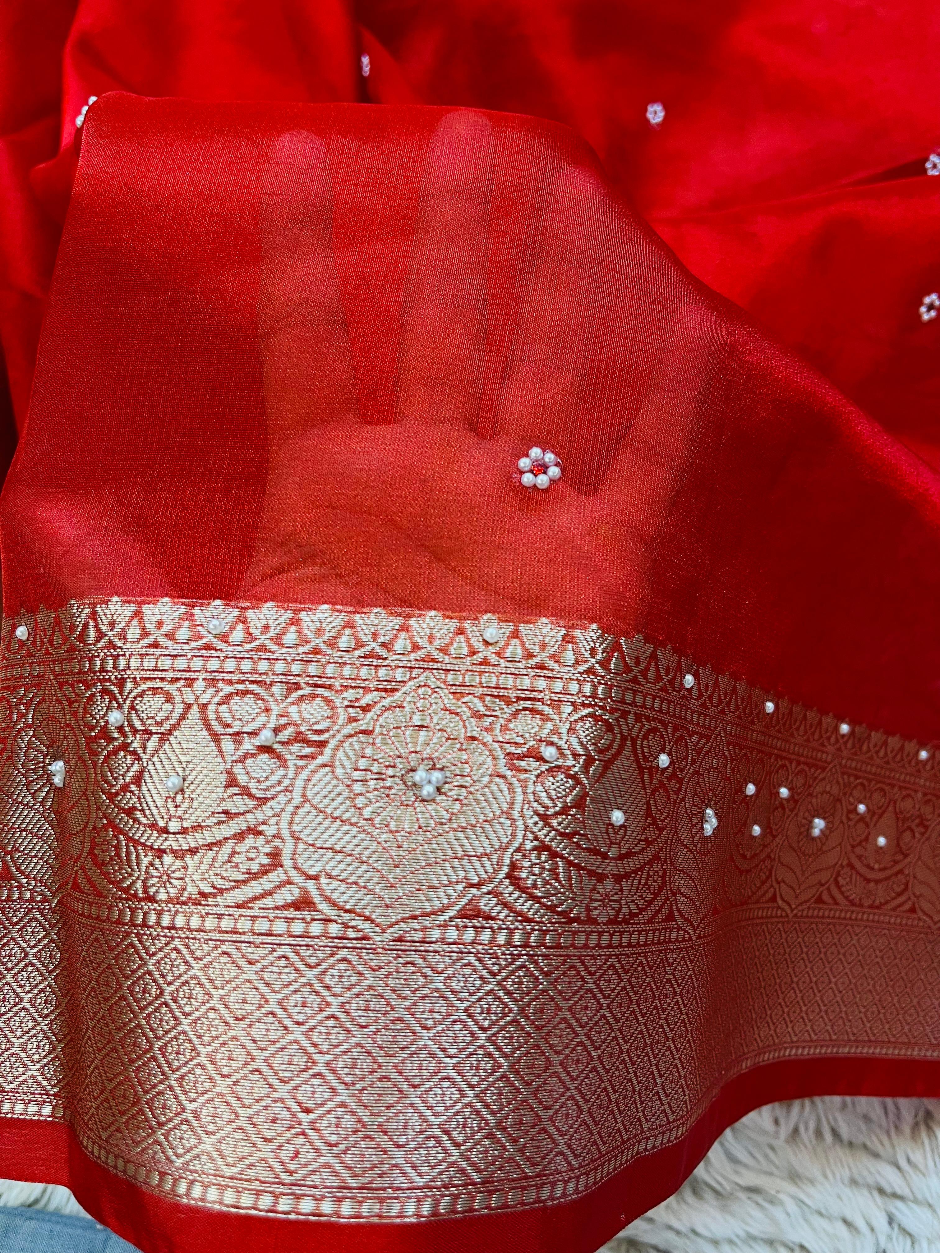 Banarasi Tissue Silk Saree with Hand Stone Work & Zari Border