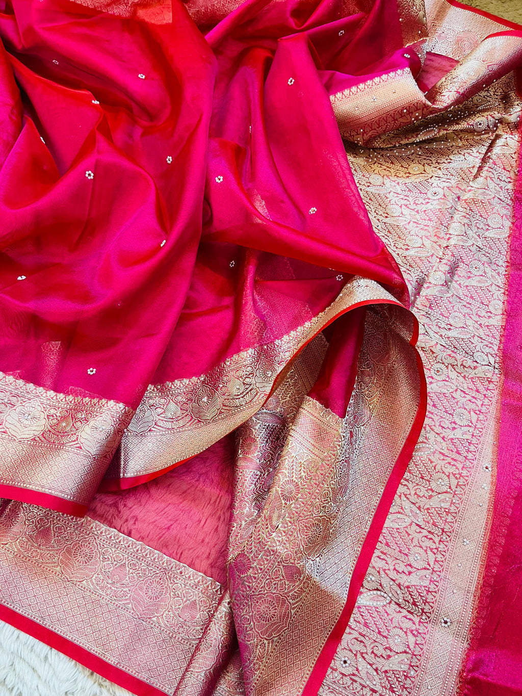 Banarasi Tissue Silk Saree with Hand Stone Work & Zari Border