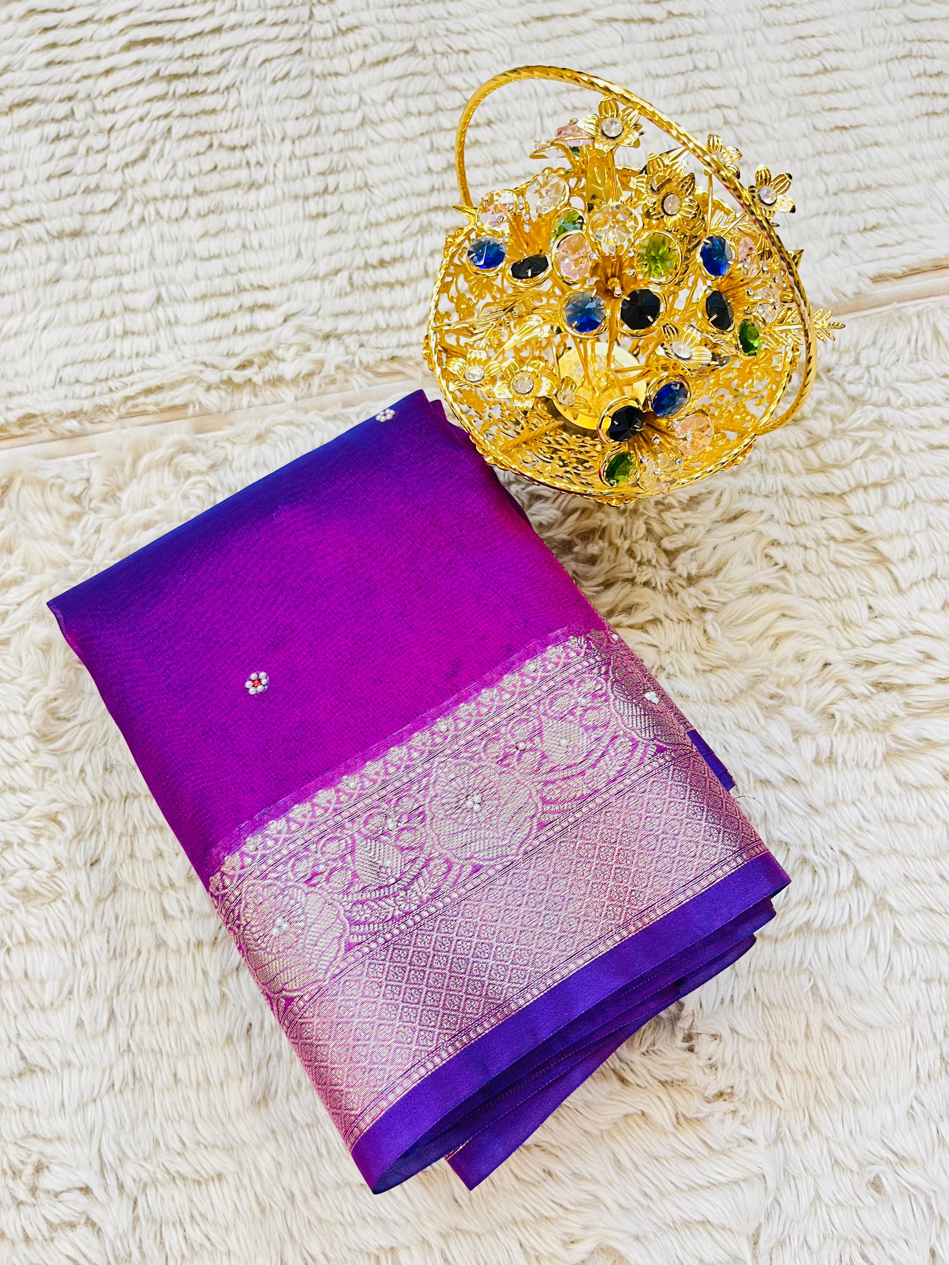 Banarasi Tissue Silk Saree with Hand Stone Work & Zari Border