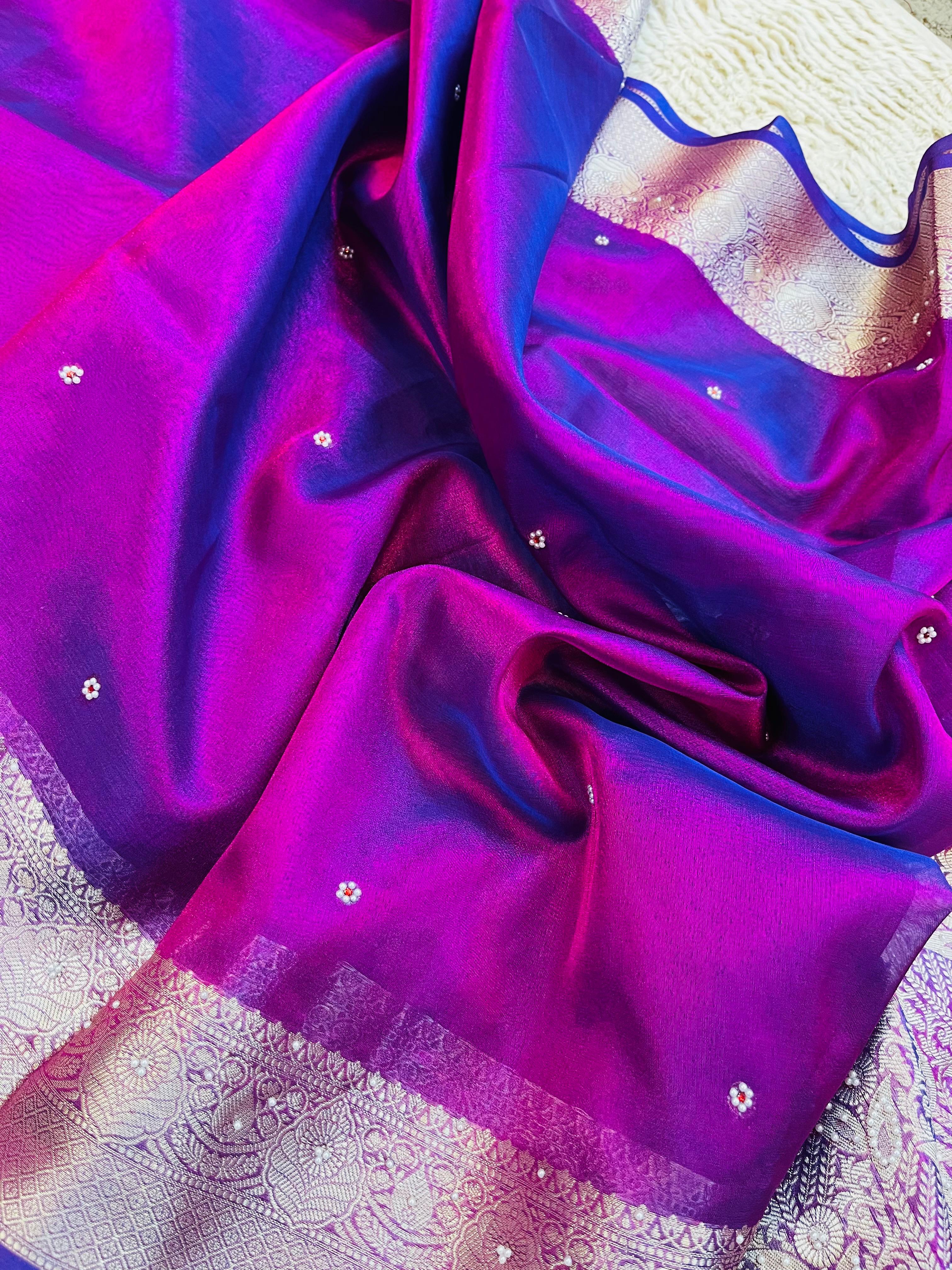 Banarasi Tissue Silk Saree with Hand Stone Work & Zari Border