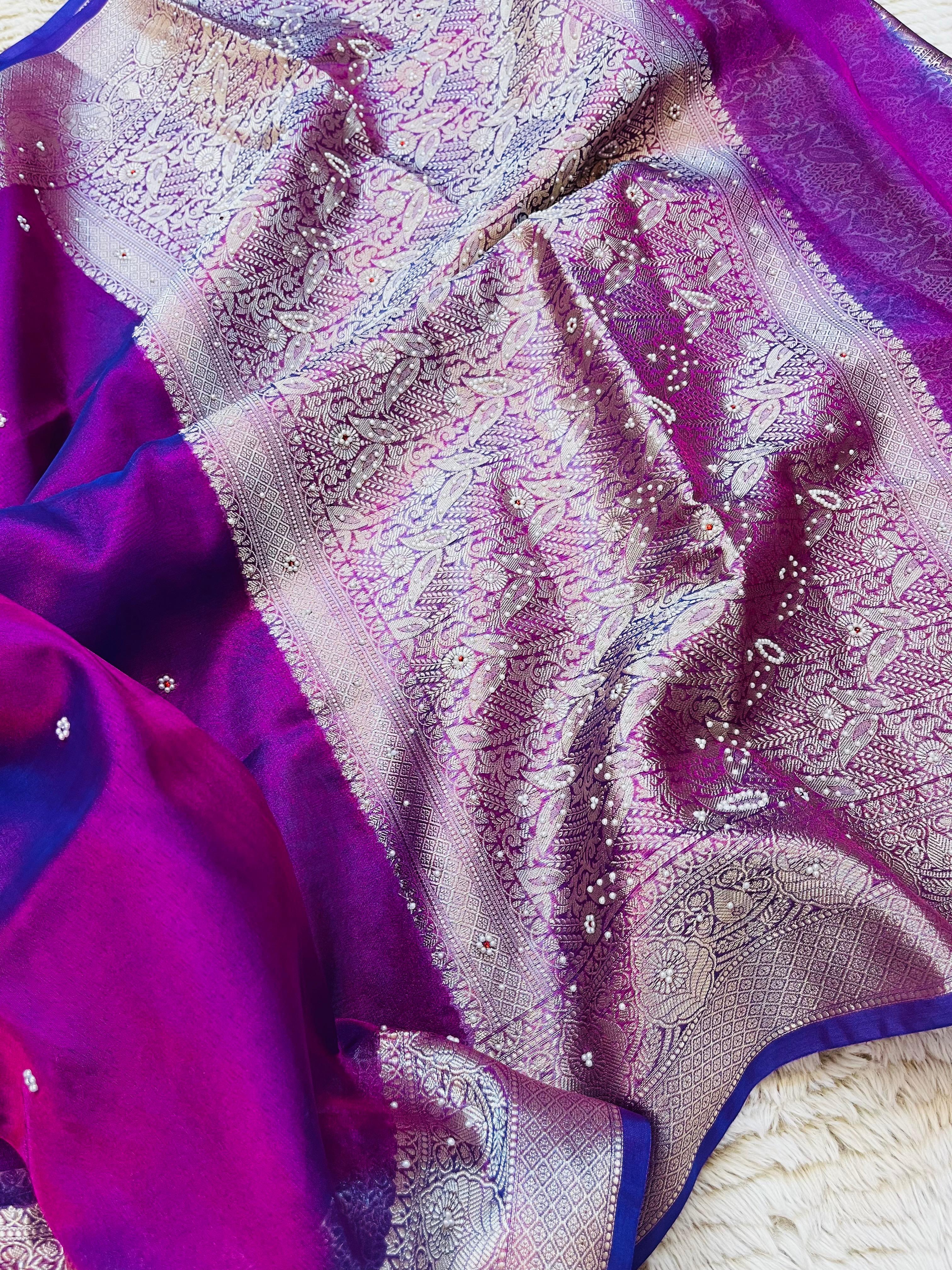 Banarasi Tissue Silk Saree with Hand Stone Work & Zari Border
