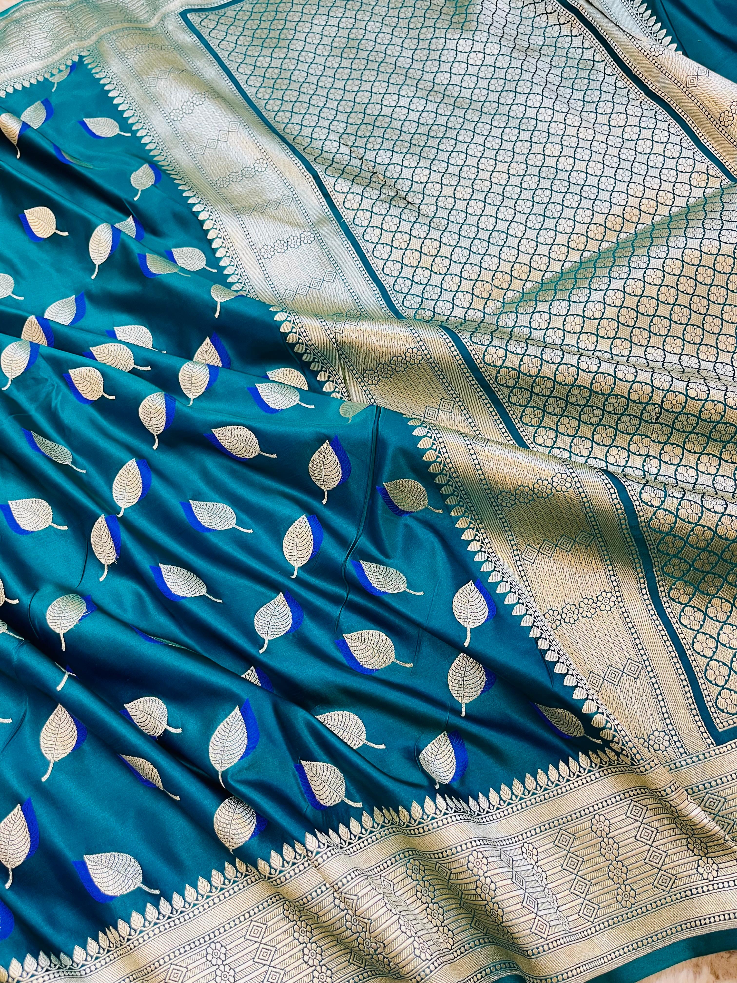 Pure Mashru Katan Silk Banarasi Saree | Paan Buti Motif | Antique Zari Pallu