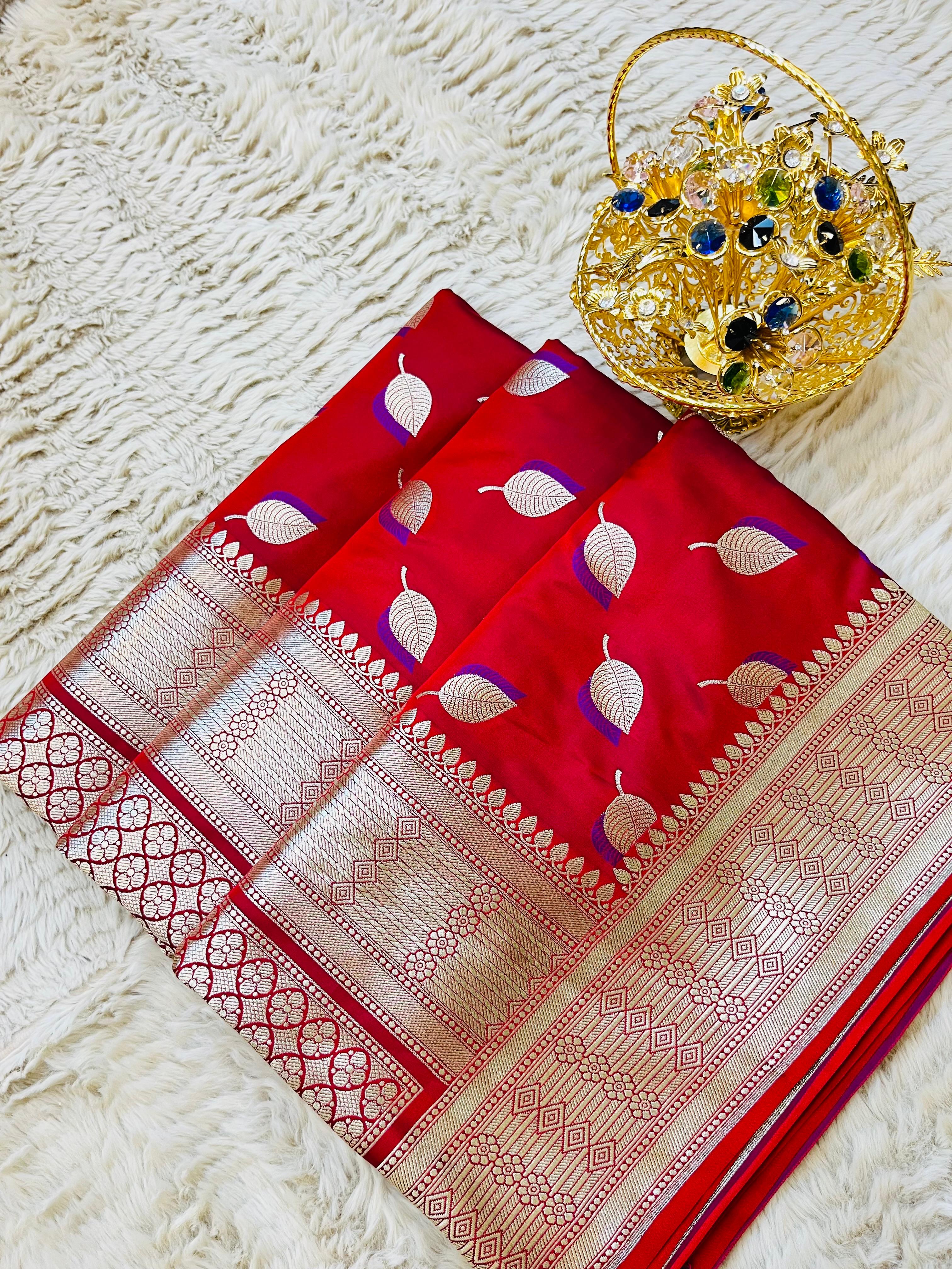 Pure Mashru Katan Silk Banarasi Saree | Paan Buti Motif | Antique Zari Pallu
